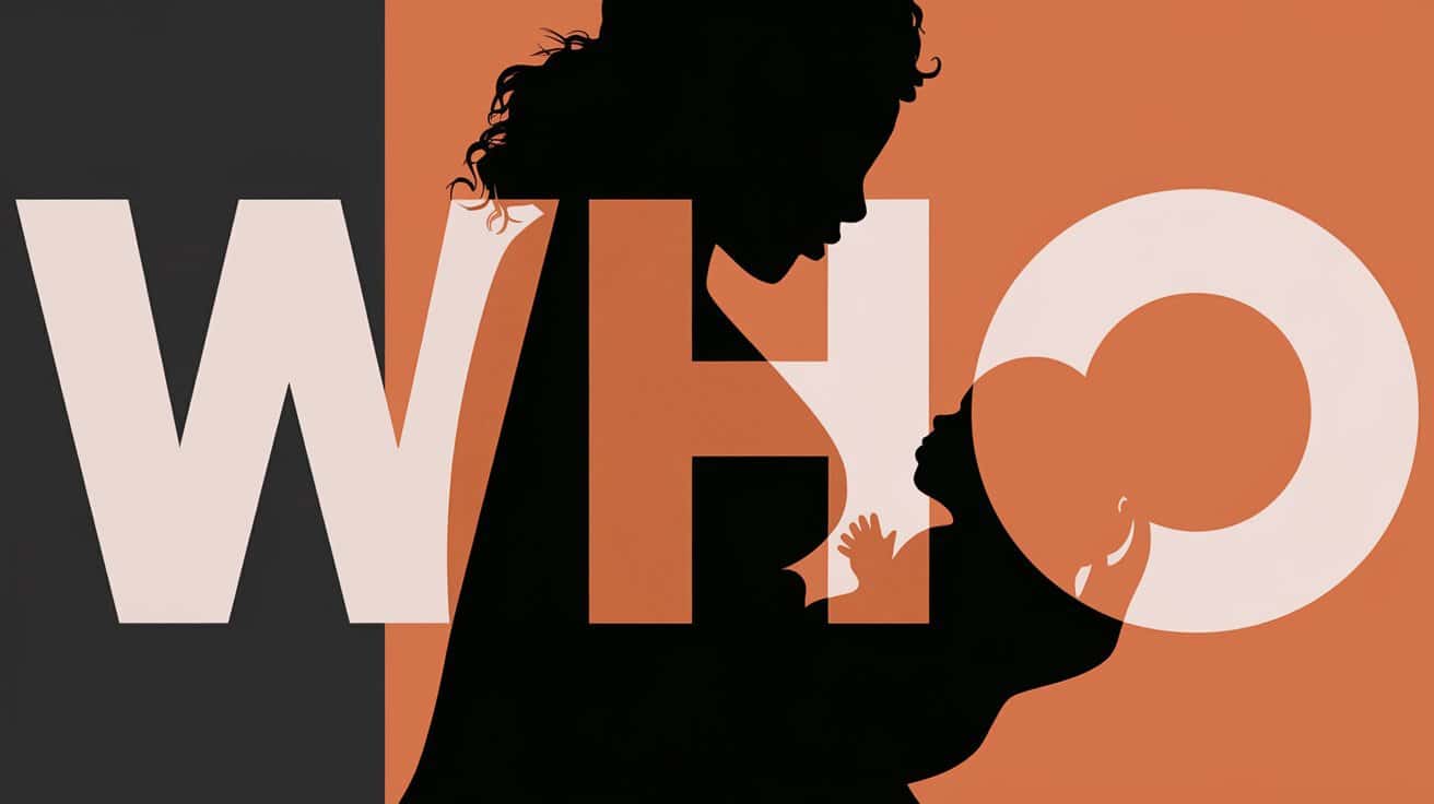 Silhouette of a woman holding a baby, with the word "WHO" prominently in bold letters as the background