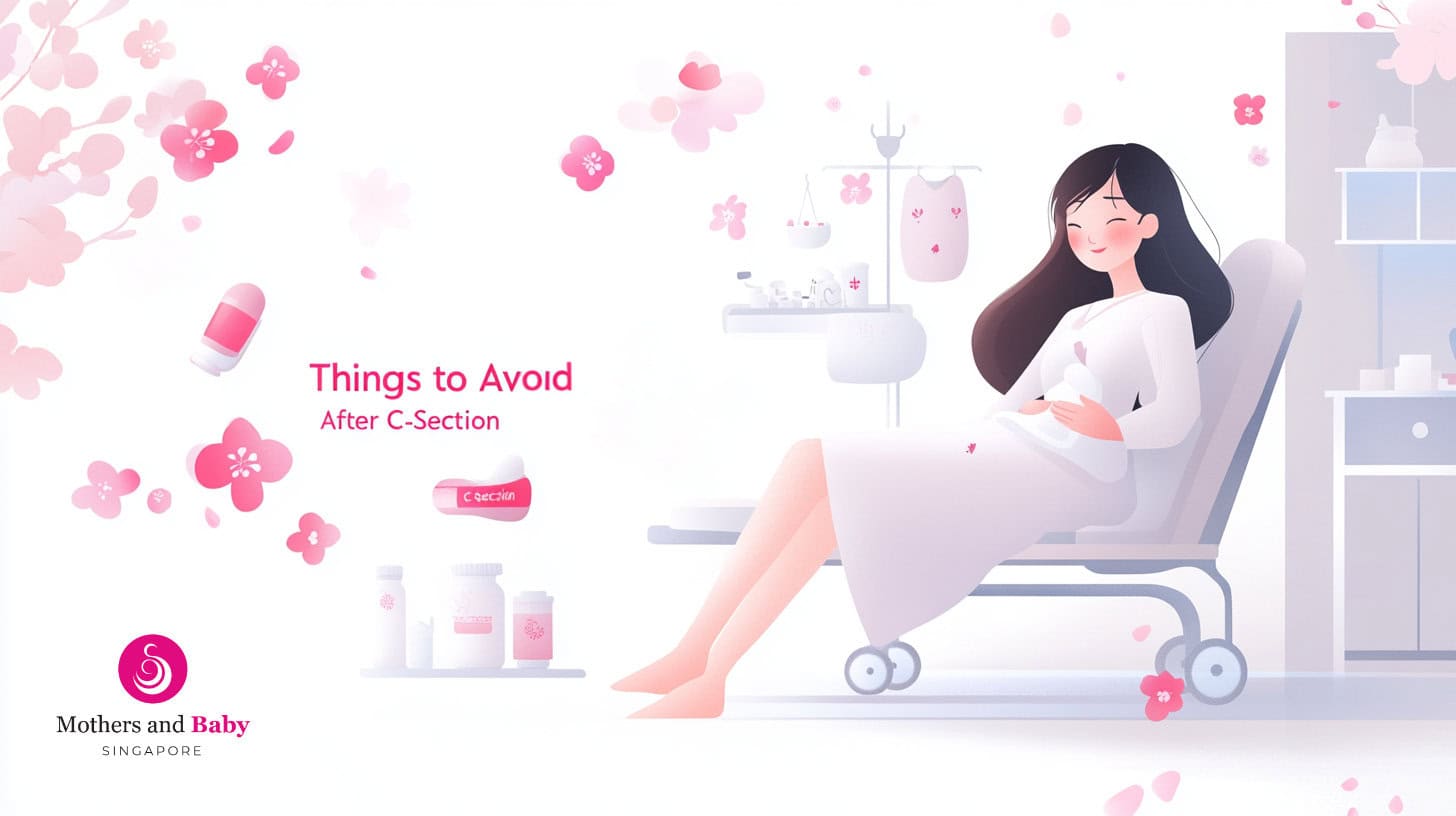 Illustration of a woman in a hospital gown sitting on a bed, surrounded by cherry blossoms, medicines, and medical equipment. The text reads: "Vital Tips: Things to Avoid After C-Section" to ensure a smooth recovery.