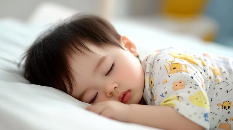 Toddler sleeping peacefully on one side.