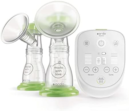 Clinic-grade breast pump set with two bottles and an electronic control unit, labeled "Ardo" and "made with love.