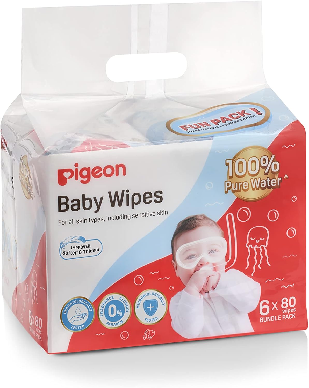 Pigeon Baby Wipes Pure Water, 80ct (Pack of 6)
