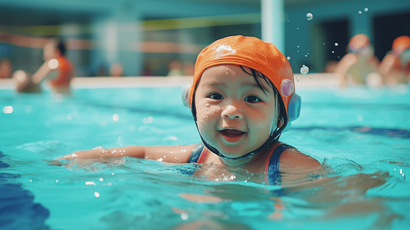 Little infant learning to swim