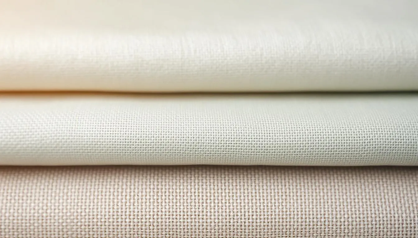 The image shows a close-up comparison of swatches made from organic cotton, bamboo, and muslin fabrics, showcasing their different textures and colours. These materials are ideal for baby essentials, providing comfort and quality for newborns and little ones in stylish bodysuits.