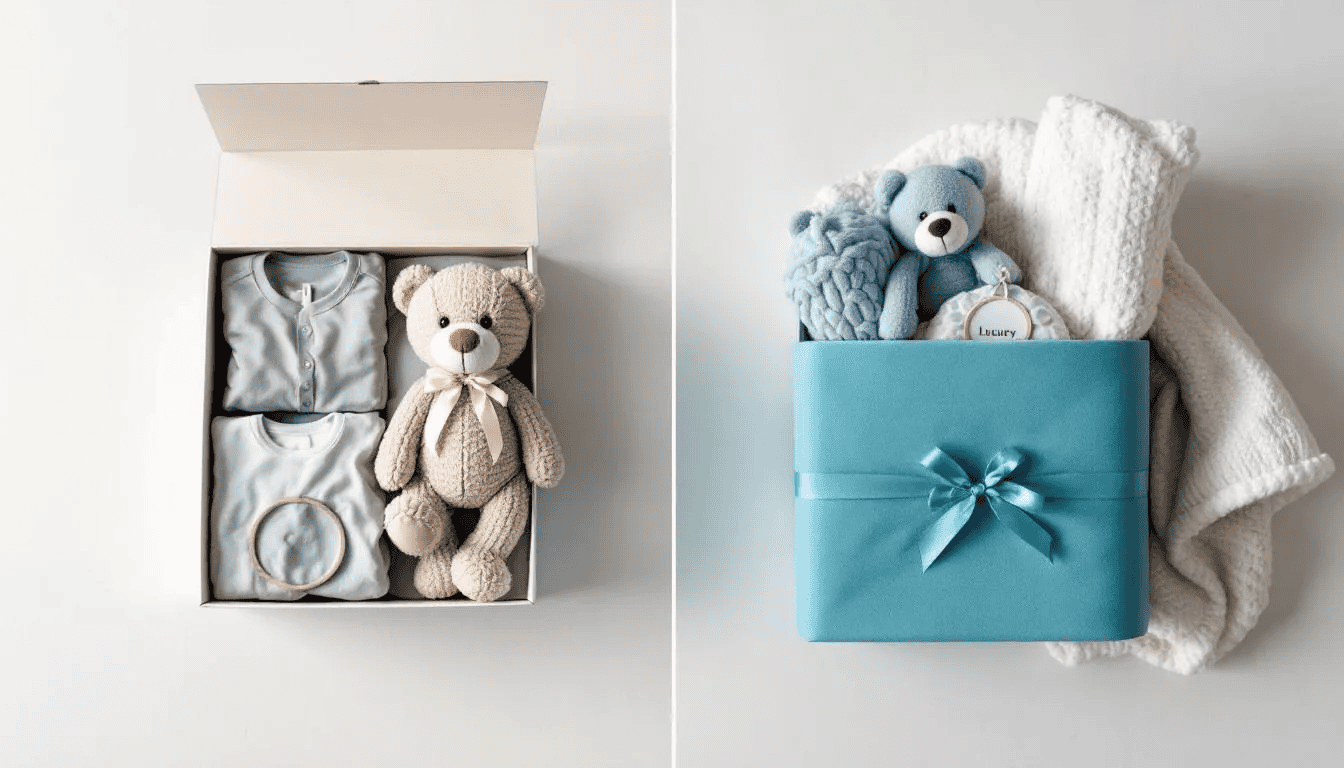 The image displays a side-by-side comparison of budget and luxury baby hampers, showcasing a variety of thoughtful newborn gifts packed with practical baby essentials like diapers, swaddle blankets, and toys. Each hamper is designed to celebrate the joyous occasion of welcoming a new baby, appealing to both new parents and gift-givers looking for the perfect baby gift.