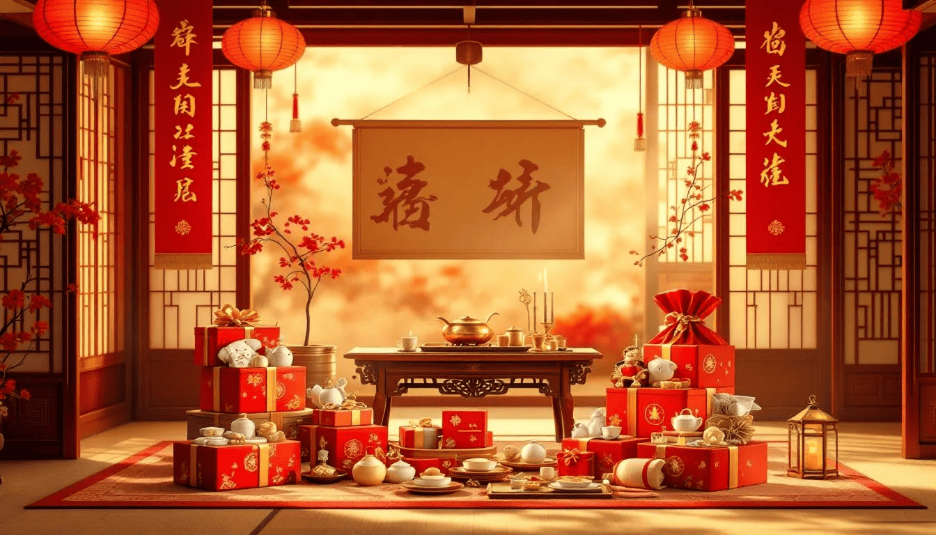 The image depicts a vibrant traditional Asian celebration setup adorned with red decorations, featuring beautifully arranged baby gift hampers filled with practical baby essentials and newborn gifts. This joyous occasion showcases a delightful array of thoughtful gifts for new parents, celebrating the arrival of their precious newborn.