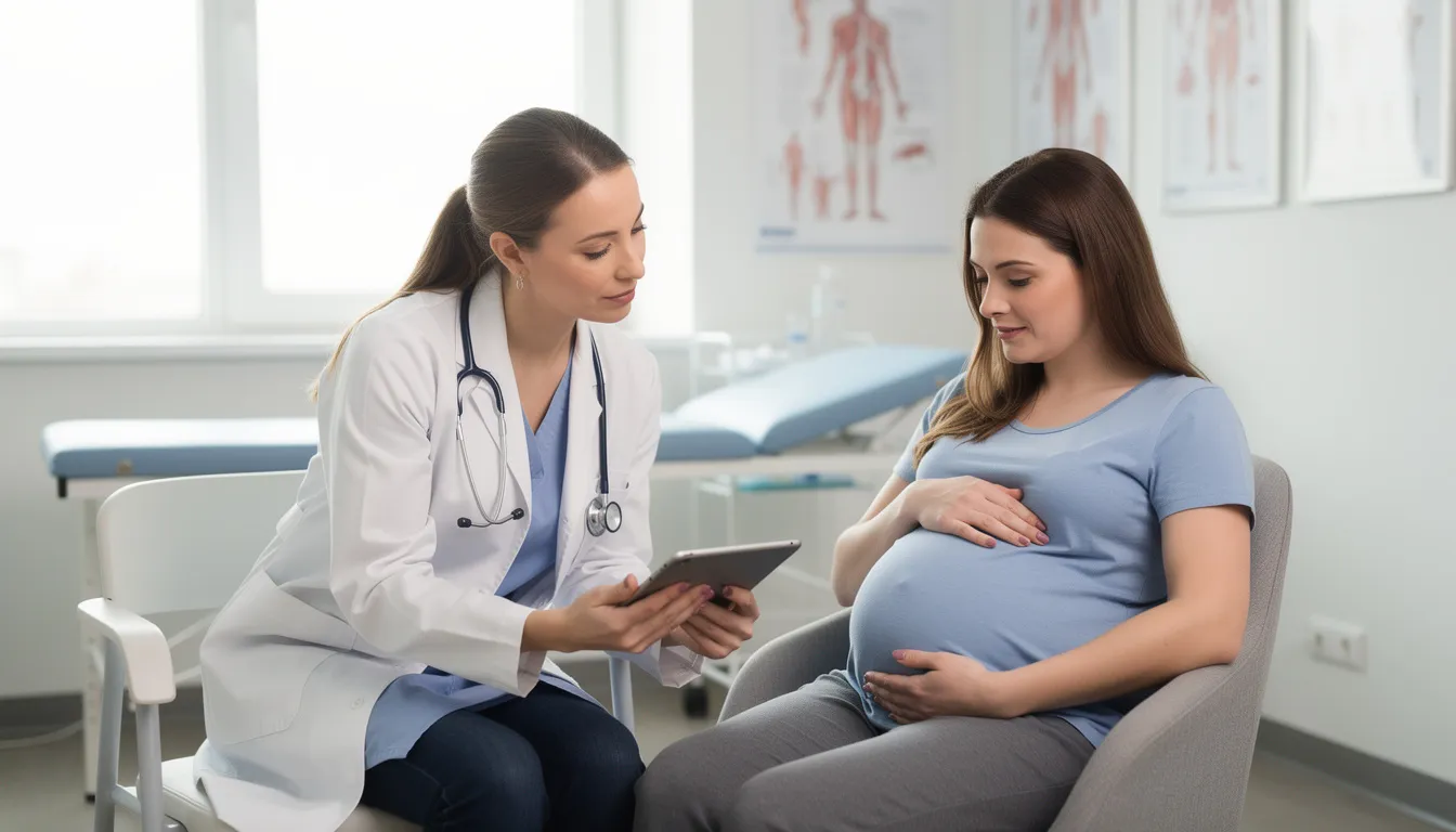 A healthcare provider is consulting with a pregnant woman in a medical office, discussing her experience with severe morning sickness and its symptoms, such as nausea and vomiting, common during early pregnancy. The provider offers advice on lifestyle changes and home remedies, including the consumption of ginger tea and small, frequent meals to help relieve nausea.