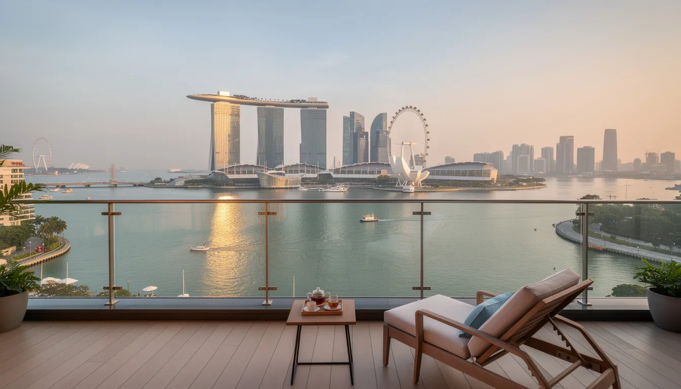 The image showcases a panoramic view of the Singapore skyline from the balcony of a luxury confinement centre, highlighting the city's modern architecture amidst a serene atmosphere. This tranquil setting is designed for new mothers during their confinement period, providing a perfect blend of comfort and care while they enjoy nutritious confinement meals and postpartum recovery.
