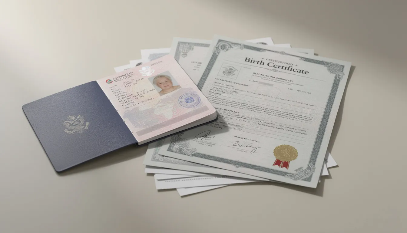 The image features an international passport alongside various official documents related to overseas birth documentation, including a child's birth certificate and an overseas marriage certificate. These documents are essential for the birth registration process of a baby born overseas, ensuring compliance with foreign authorities and supporting the child's eligibility for citizenship.