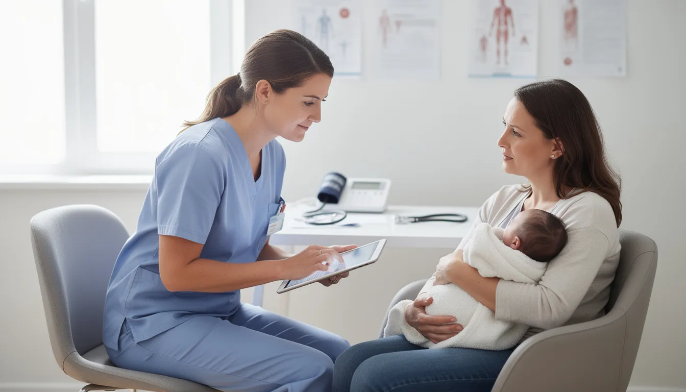 A healthcare professional is seated at a desk, conducting a consultation with a new mother in a clinical setting, discussing her mental health and possible symptoms of postpartum depression. The atmosphere is supportive, emphasizing the importance of early diagnosis and appropriate treatment options for maternal mental health.