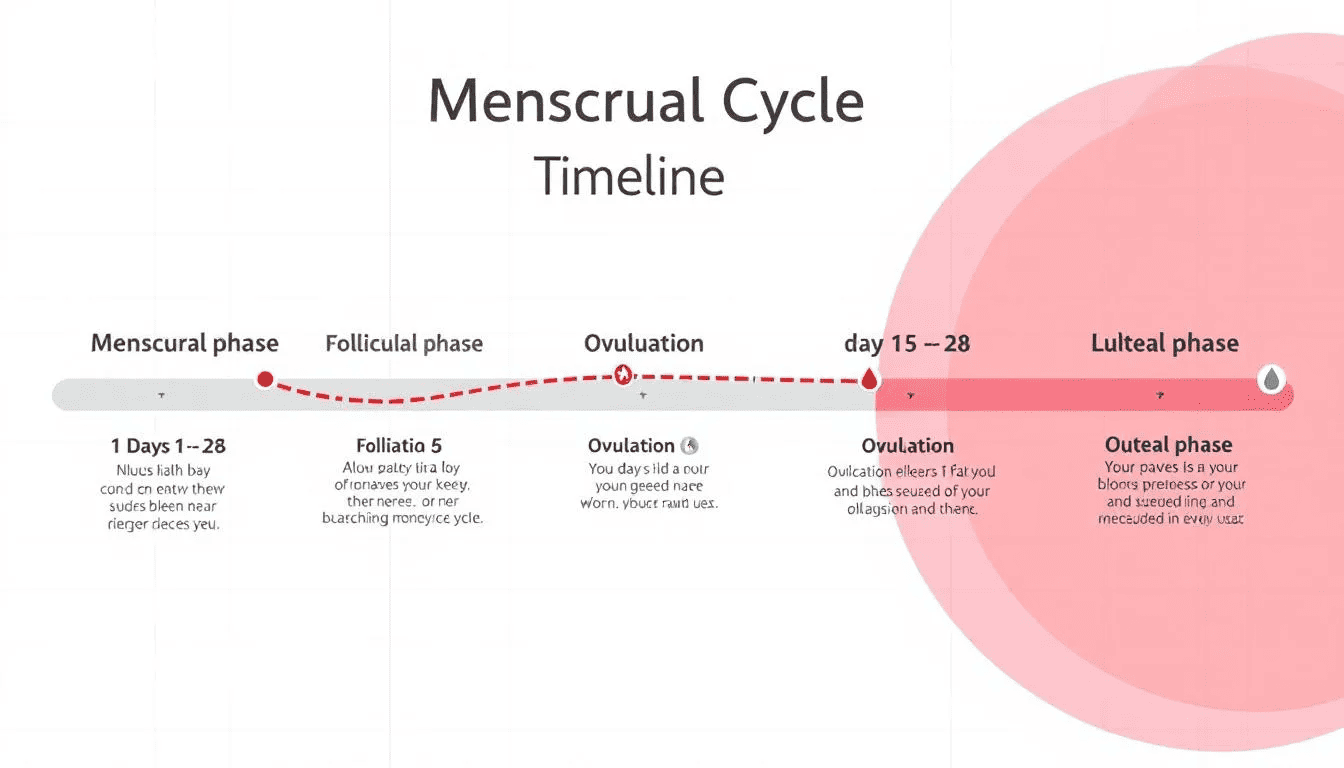 The image is a diagram illustrating a 28-day menstrual cycle timeline, highlighting key phases such as ovulation and the menstrual period. It includes markers for ovulation day, luteal phase, and fertile window, providing a visual representation of the hormonal changes and cycle length that women experience during their menstrual cycle.