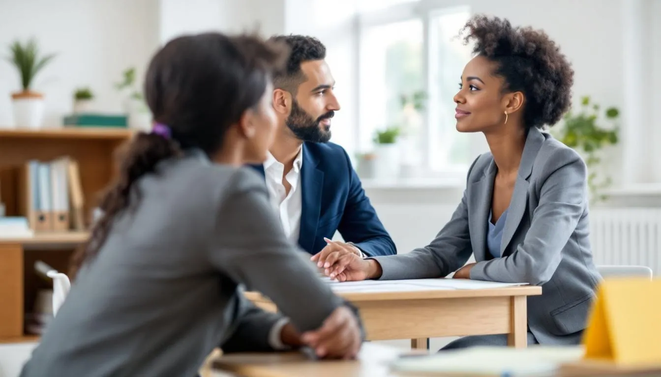 In a bright and professional classroom setting, a parent and teacher engage in a consultation meeting focused on the child's education and progress. The discussion emphasizes the importance of early childhood education and the holistic development of young learners in an international preschool in Singapore.