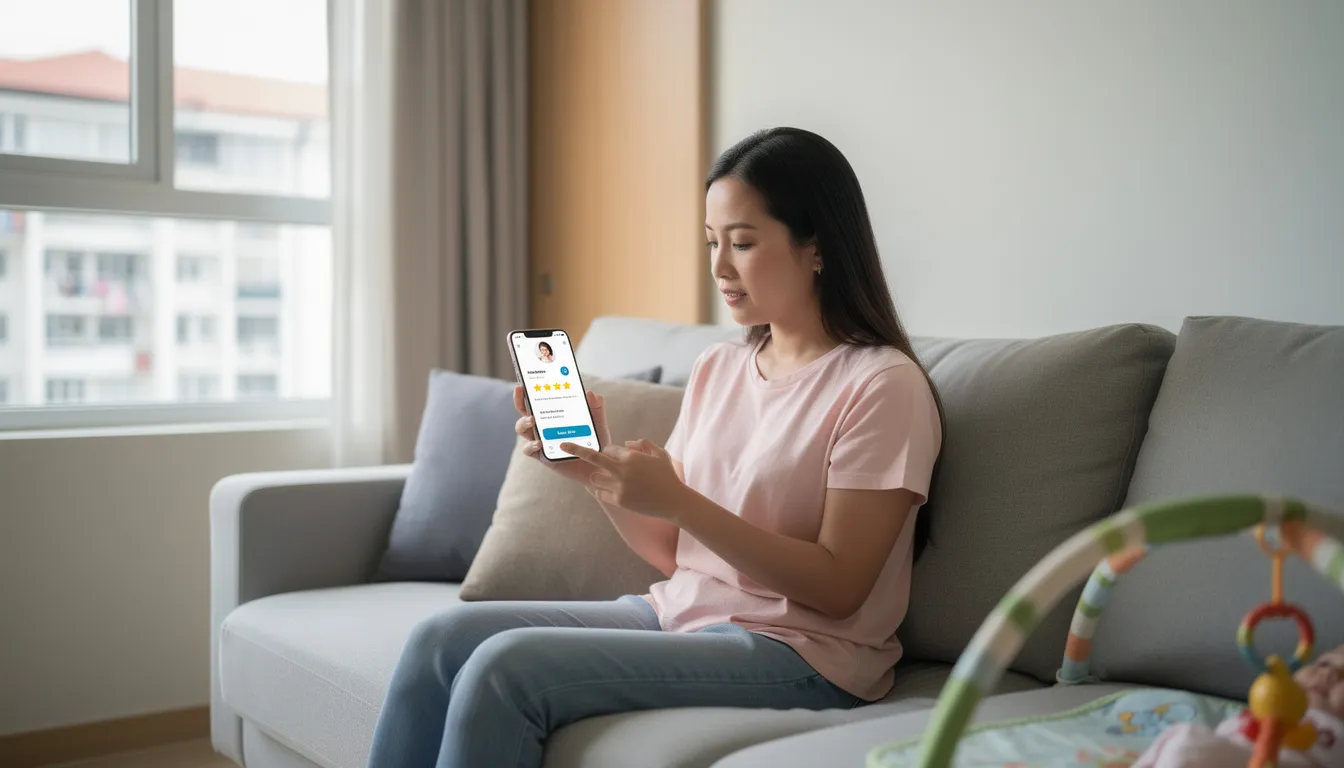 A Singapore mother is intently browsing babysitting profiles on her smartphone, searching for reliable babysitting services to find babysitters who can take care of her children during the evening. The screen displays various options, showcasing different nannies and their reviews, as she hopes to ensure a pleasant experience for her family.