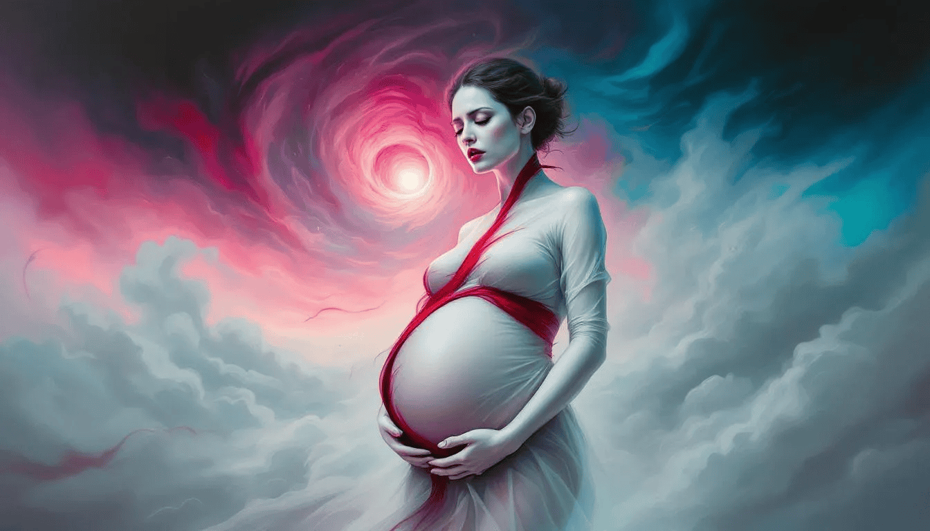 An illustration showing a pregnant woman with a concerned expression, indicating the topic of bleeding during pregnancy.