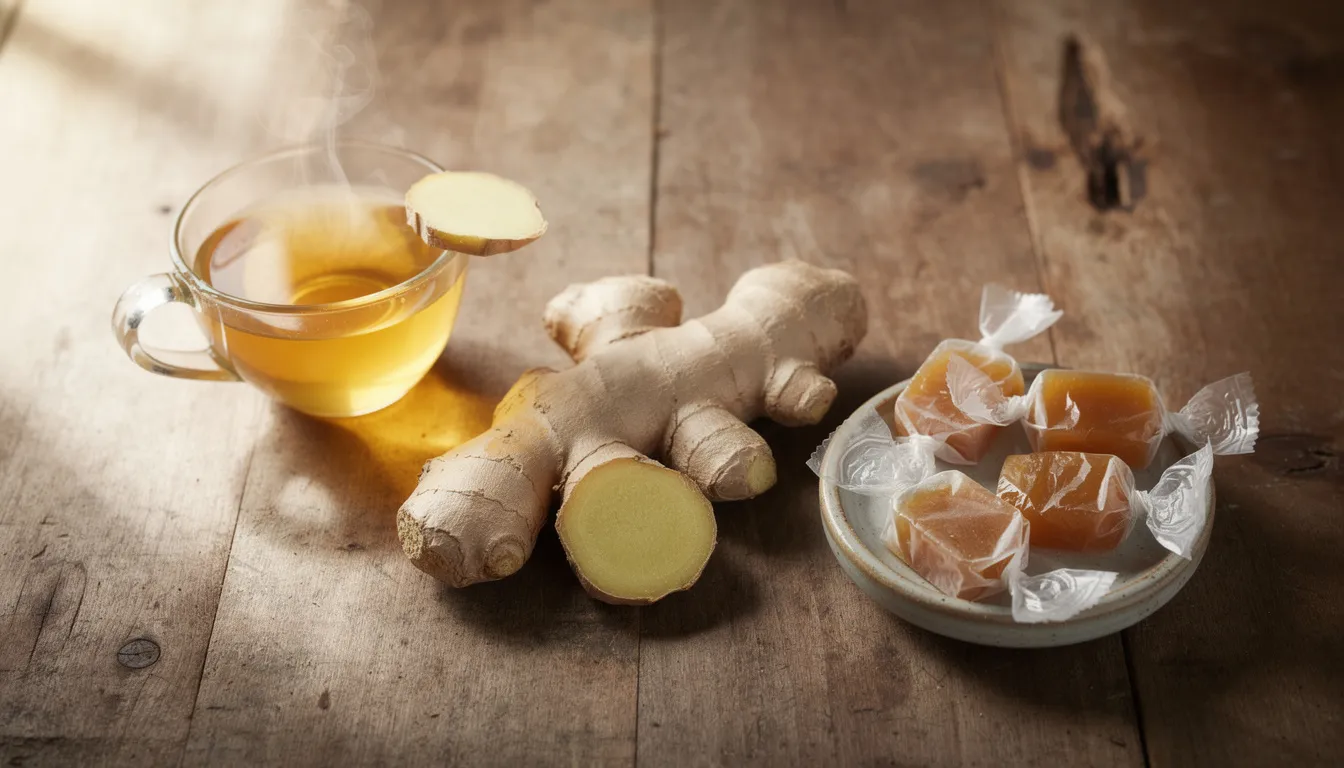 The image features fresh ginger root, a steaming cup of ginger tea, and colorful ginger candies artfully arranged on a wooden surface, highlighting natural remedies often used by pregnant women to relieve nausea and morning sickness symptoms during early pregnancy. This soothing display symbolizes the potential to reduce morning sickness and alleviate severe nausea through ginger-based solutions.