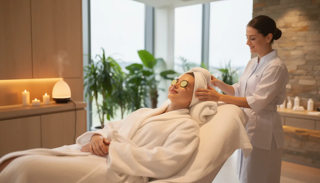 A mother is enjoying a relaxing spa treatment in a modern wellness facility, surrounded by soothing decor and tranquil ambiance, emphasizing her postpartum recovery during the confinement period. This serene environment offers exceptional postpartum care and wellness treatments, ideal for new mothers seeking a stress-free experience.