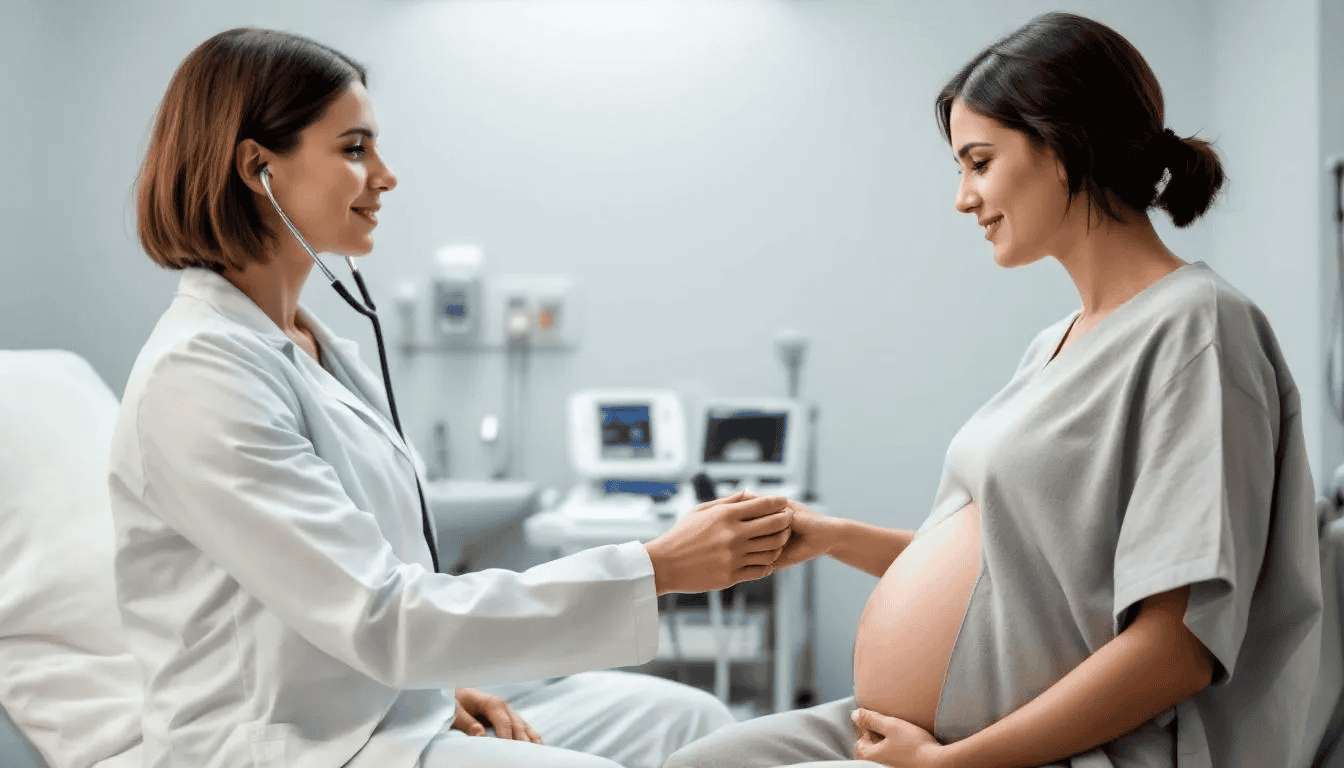 A healthcare provider is conducting a prenatal examination, focusing on the patient’s early pregnancy symptoms, including any changes in vaginal discharge. The professional is likely discussing the normal variations in discharge during pregnancy and providing guidance on what to expect in terms of healthy vaginal discharge.