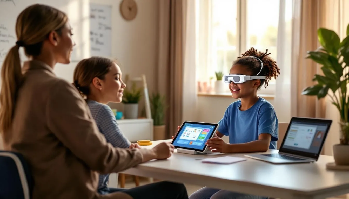 The image depicts a specialized therapy session at a special education school, where a student is actively engaging with assistive technology equipment designed to support their learning needs. This environment fosters the development of critical skills and social skills, catering to students with autism spectrum disorder and other learning disabilities.