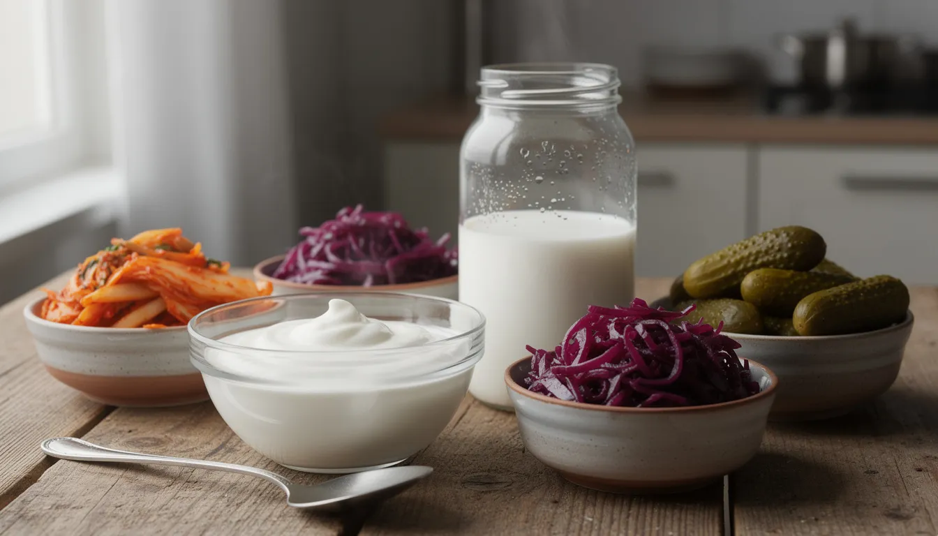 The image showcases a variety of probiotic-rich foods, including yogurt, kefir, and fermented vegetables, which are beneficial for gut health and can support pregnant women’s maternal metabolic health. These foods are rich in healthy bacteria that may help improve health outcomes during pregnancy, including reducing the risk of gestational diabetes and promoting overall immune health.