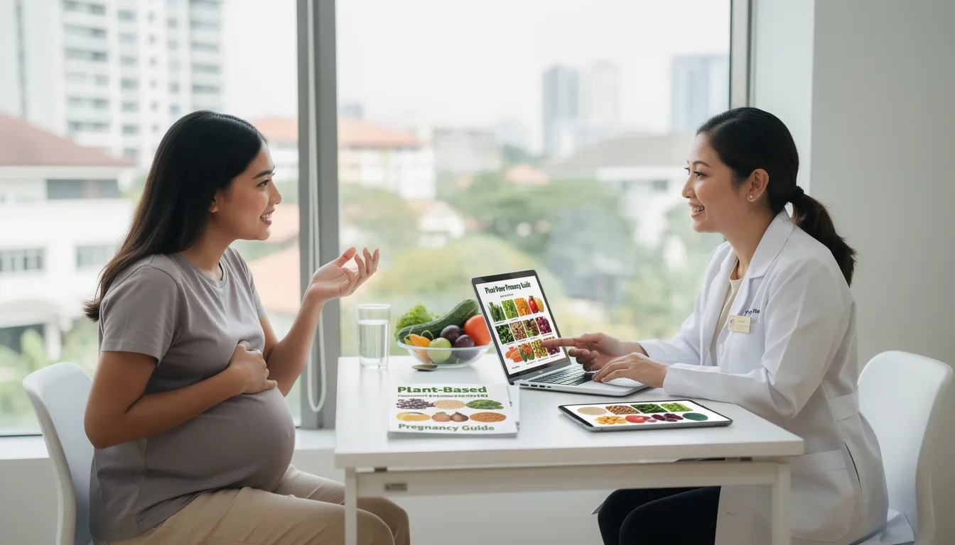 A healthcare professional is consulting with a pregnant woman in a Singapore clinic, discussing the benefits of a well-planned vegan diet during pregnancy, including essential nutrients like vitamin B12, iron, and folic acid. They are focusing on how a balanced plant-based diet can support a healthy pregnancy and promote the baby's brain development.