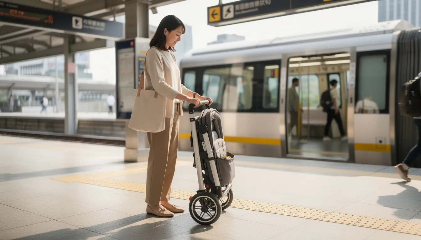 A parent stands on an MRT platform, effortlessly folding a compact stroller with one hand, showcasing its travel-friendly design perfect for everyday use by growing families. The stroller, resembling popular models like the Bugaboo Bee, emphasizes convenience and style for navigating city life with kids.