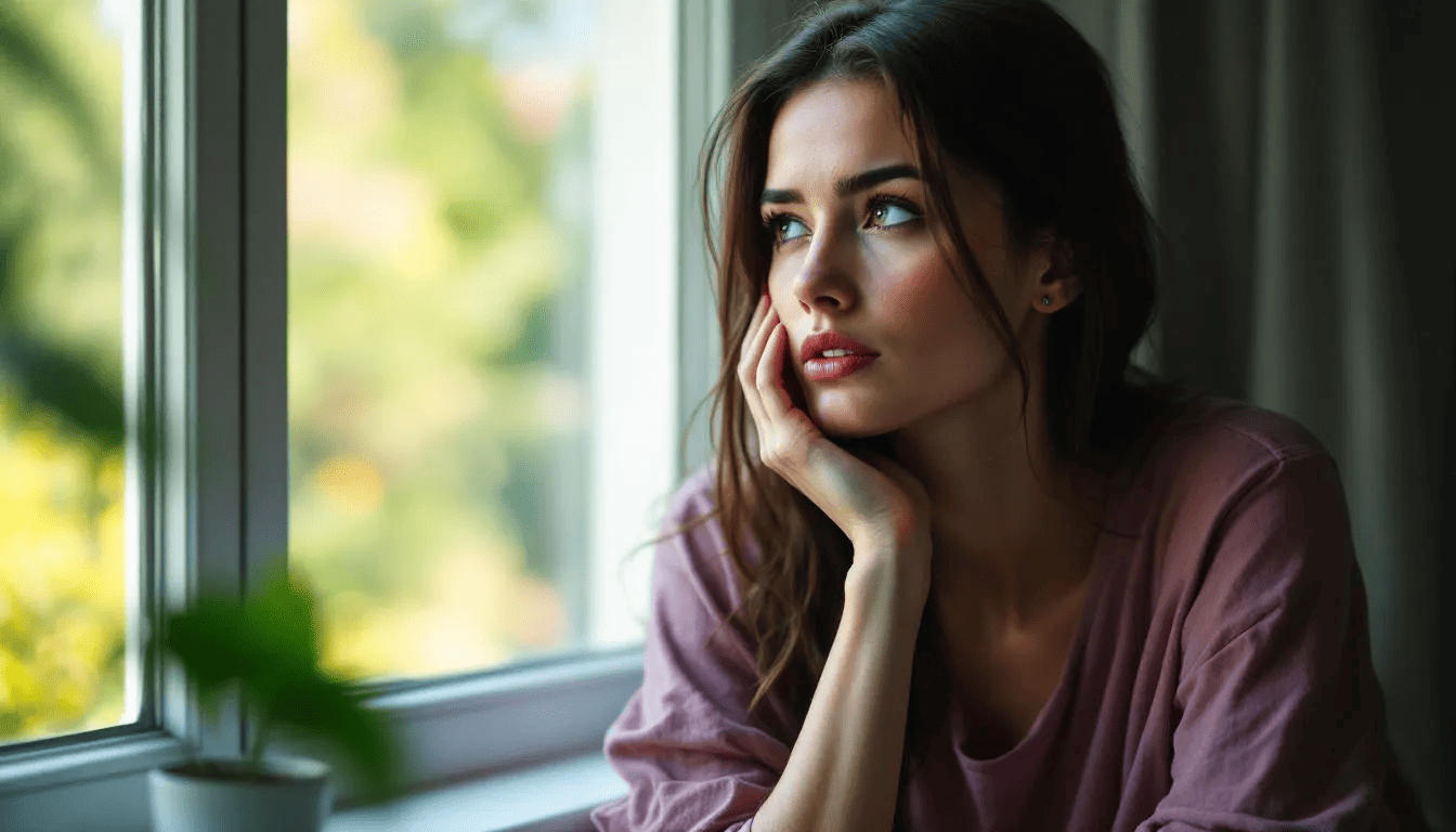 A woman is sitting by a window, visibly experiencing mood swings, which is a common symptom of early pregnancy due to hormonal changes. The scene captures her contemplative expression as she navigates the emotional ups and downs associated with pregnancy symptoms.