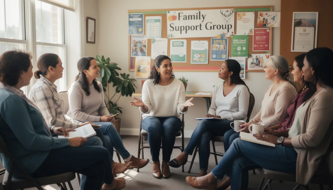 A diverse group of mothers is sitting in a circle during a family support group meeting, sharing their experiences related to postpartum depression and mental health. The atmosphere is supportive, with participants discussing symptoms like mood swings and anxiety, emphasizing the importance of emotional support and treatment options for new parents.