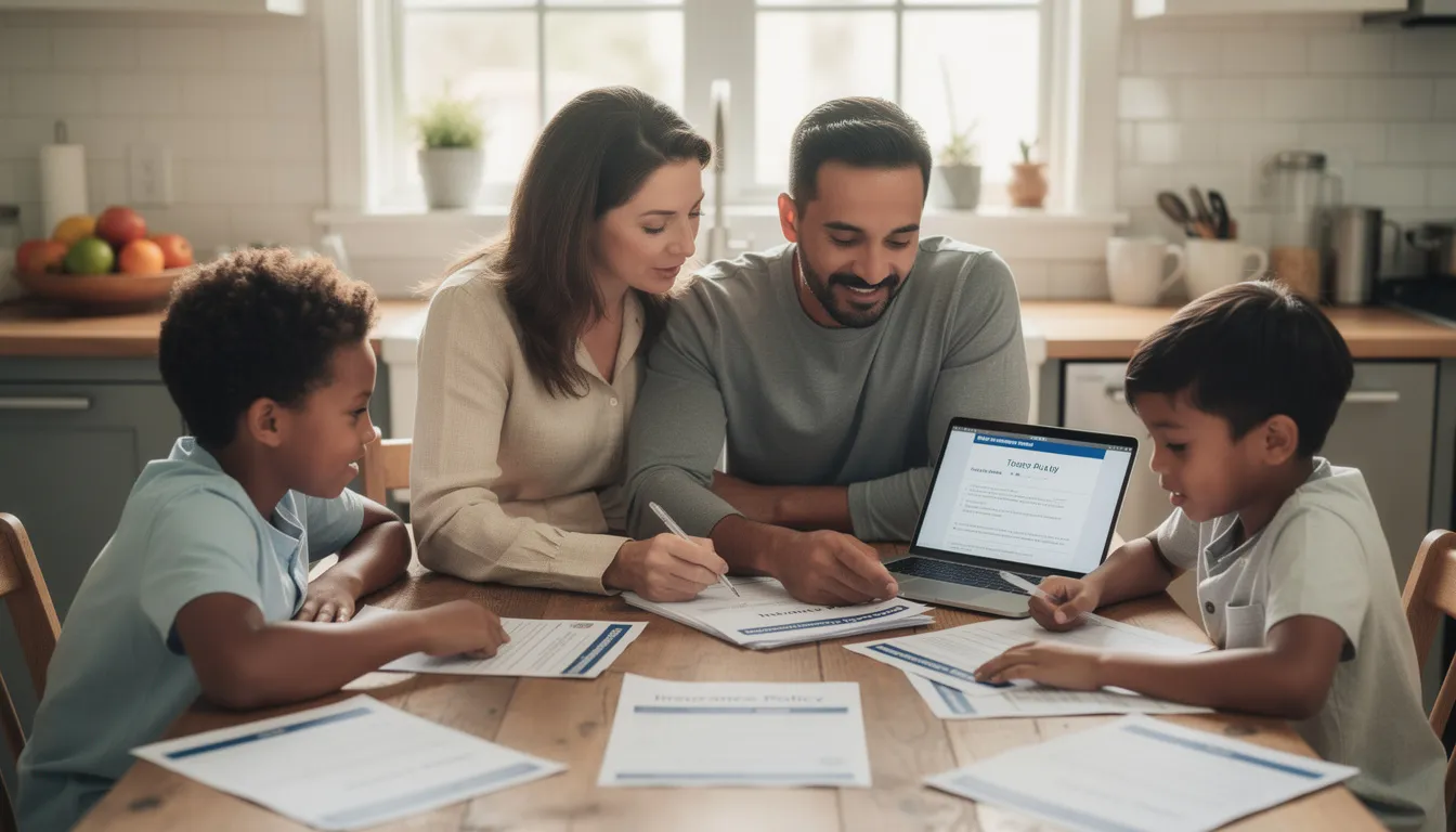 A family is gathered around a kitchen table, reviewing various insurance documents, discussing their health insurance plans and how they can cover medical expenses for their growing family, ensuring financial safety for their child's future. They appear focused and engaged, highlighting the importance of understanding their policy coverage and the benefits of comprehensive health insurance in Singapore.