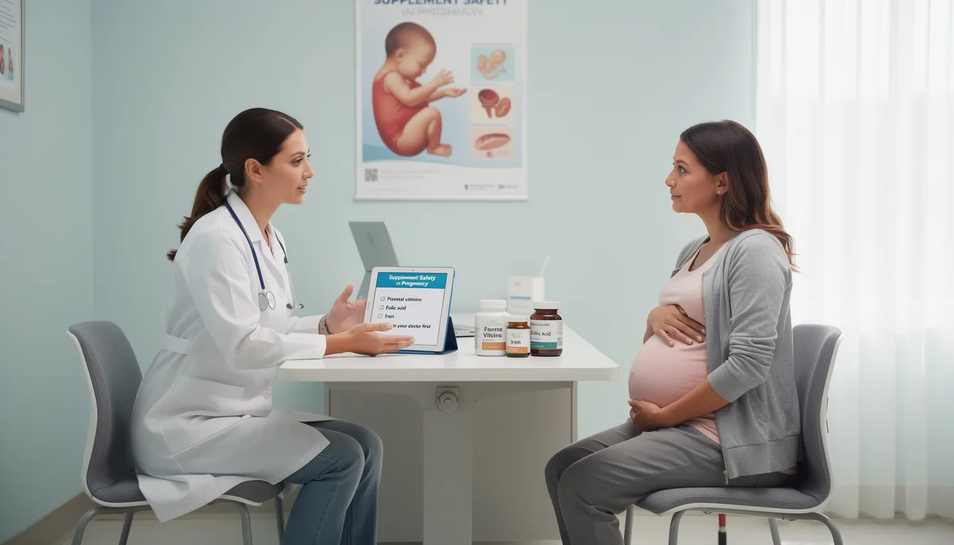 A healthcare provider is discussing the safety of probiotic supplements with a pregnant patient, focusing on their potential health benefits for maternal metabolic health and fetal health. The conversation addresses concerns about gestational diabetes and the overall immune health of both the mother and baby.