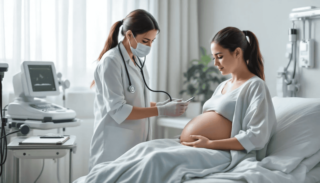 A healthcare provider is examining a pregnant woman, discussing early pregnancy symptoms such as morning sickness, frequent urination, and mood swings. The doctor is attentive, ensuring the woman understands the changes in her body as she navigates the first trimester of pregnancy.