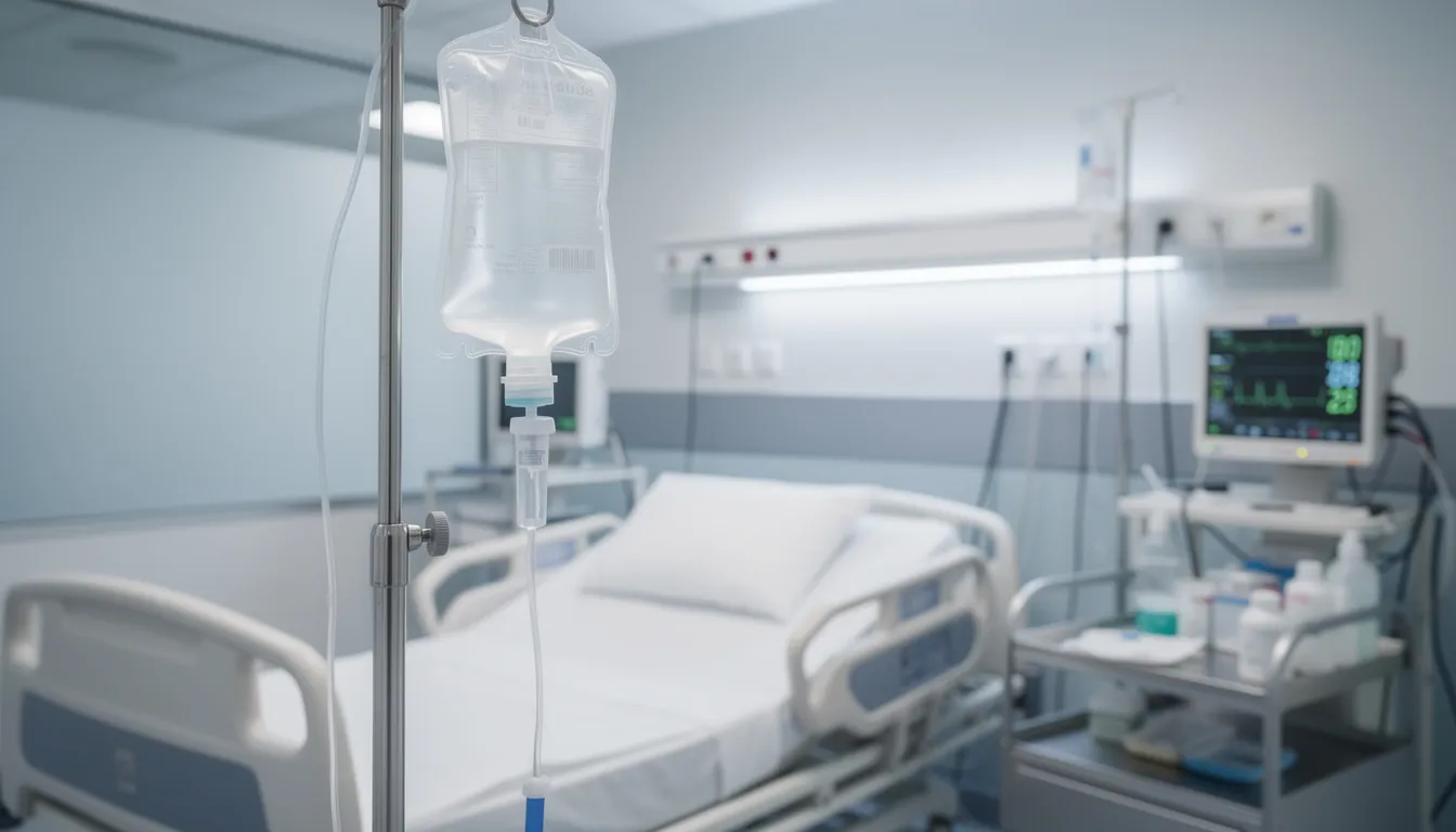 The image depicts a medical IV bag and associated equipment in a hospital setting, highlighting treatment for severe pregnancy complications such as hyperemesis gravidarum. This condition often leads to severe nausea and vomiting in pregnant women, necessitating medical intervention to relieve symptoms and support the health of both the mother and growing baby.