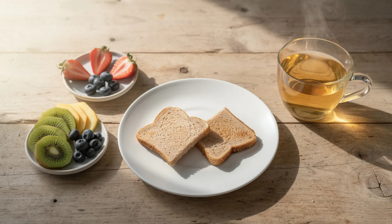 A healthy breakfast setup is displayed on a wooden table, featuring small portions of toast, fresh fruit, and a cup of herbal tea, ideal for pregnant women experiencing morning sickness symptoms. This nutritious meal can help relieve nausea and provide energy during early pregnancy.