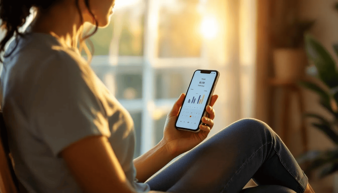 A woman is using a smartphone to track her menstrual cycle with a fertility app, which helps her predict ovulation and monitor her overall health as she tries to conceive. The app may assist her in keeping track of lifestyle factors, such as diet and exercise, that can affect her chances of getting pregnant naturally.