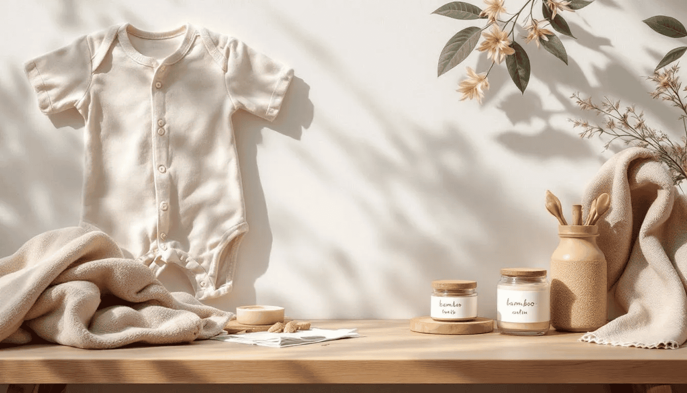 The image features a collection of organic baby products, including soft cotton onesies, gentle bamboo washcloths, and natural skincare items, all beautifully arranged in a baby gift hamper. This thoughtful gift set is perfect for celebrating the arrival of a precious newborn and is ideal for baby showers or as newborn baby gifts for new parents.