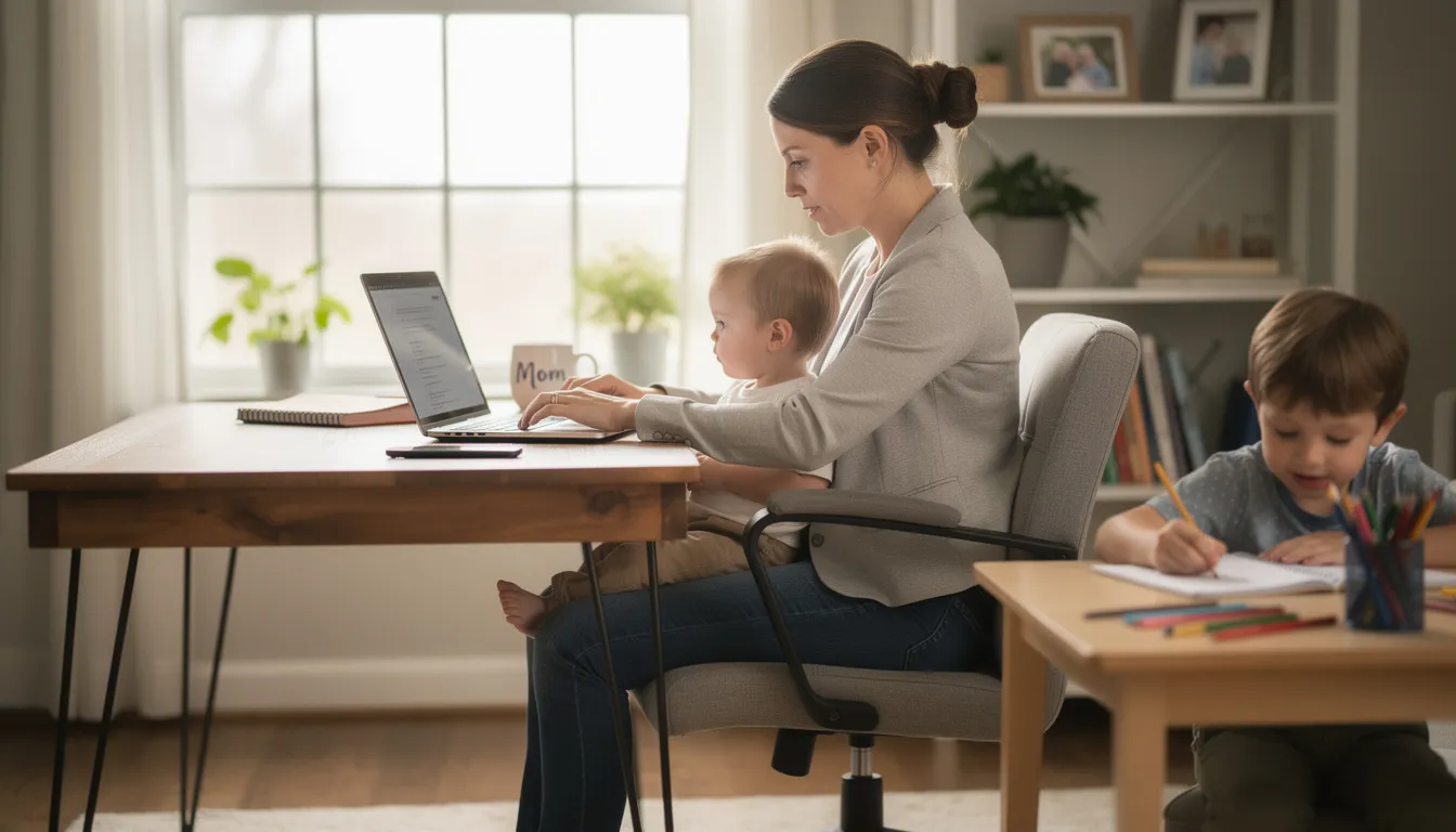 A working mother is seated at her home workspace, managing her laptop while simultaneously taking care of her children, who are engaged in play nearby. She balances her responsibilities, focusing on tasks such as filing her income tax return and managing household chores, illustrating the challenges of modern parenthood.
