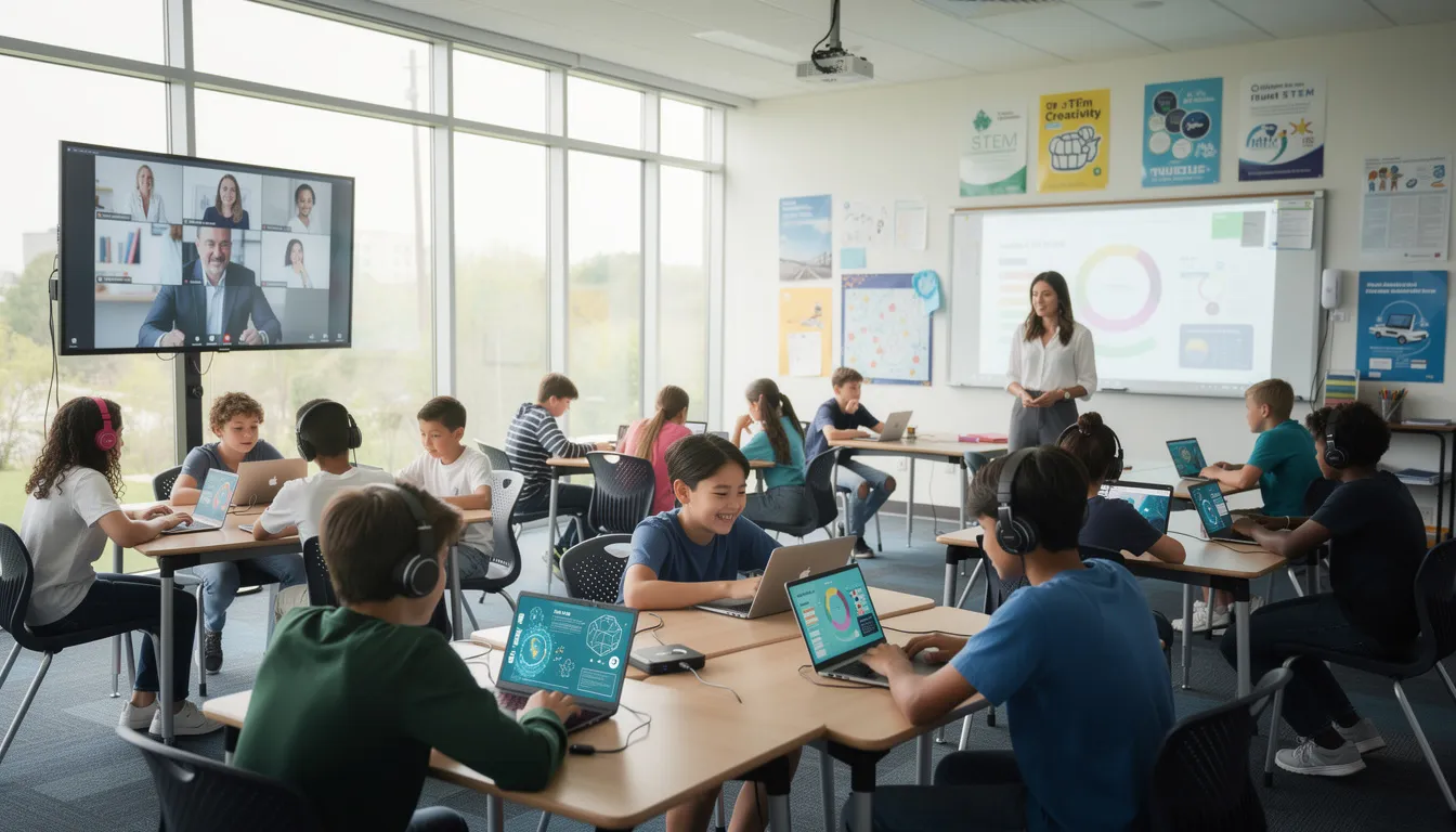 The image depicts a modern classroom equipped with various educational technologies, including mobile devices and digital tools that facilitate communication between parents and teachers. It emphasizes the transformation of education through apps like the parents gateway app, which helps parents access resources and stay informed about their child's school activities and programmes.