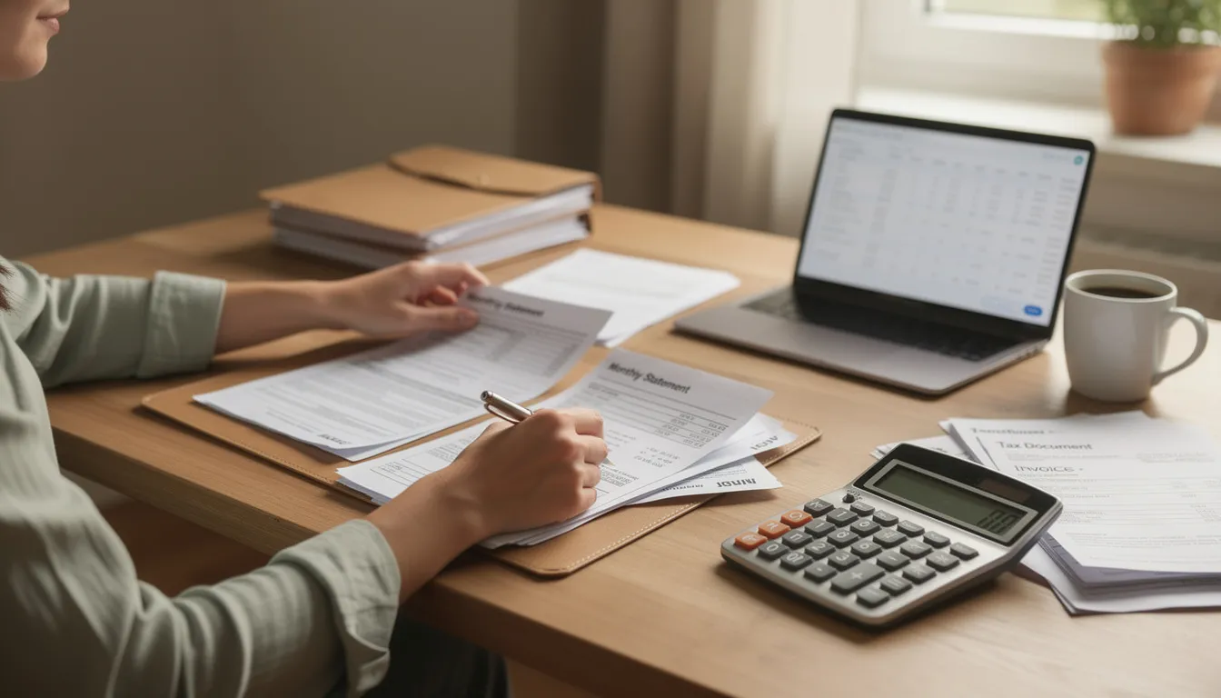 A parent is seated at a table, reviewing financial documents related to their child's birth, with a calculator and various official papers spread out before them. This scene highlights the importance of managing finances during the birth registration process, ensuring all required documents are in order for their newborn's digital birth certificate.