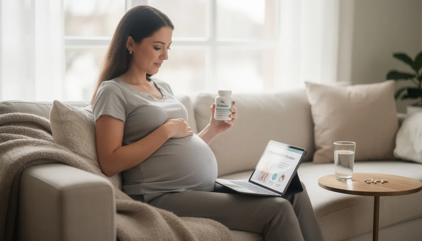 A pregnant woman is holding probiotic supplements while reading health information, highlighting the importance of probiotic use for maternal metabolic health and the potential health benefits during pregnancy. This scene emphasizes the role of probiotics in supporting gut health and addressing health concerns such as gestational diabetes and digestive system issues.