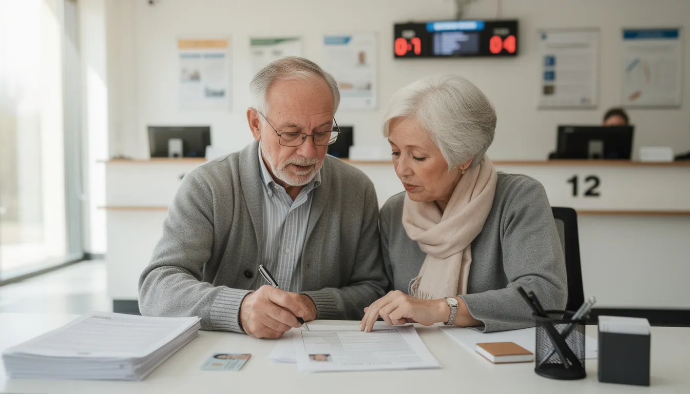 An elderly couple is seated at a government office, assisting each other with paperwork related to their grandchild's birth registration. They are reviewing required documents for obtaining the child's digital birth certificate, showcasing the supportive role of grandparents in the birth registration process.