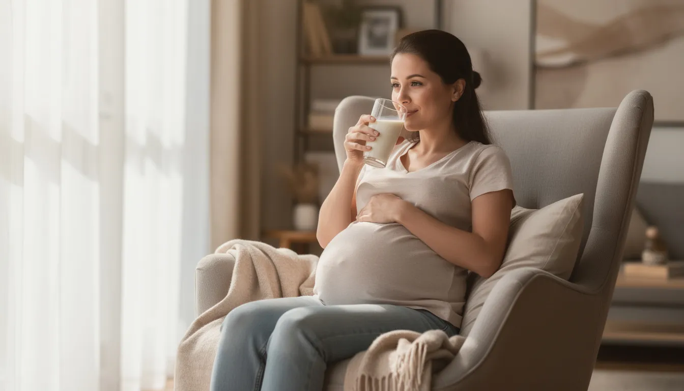 A pregnant woman sits comfortably in a chair, sipping a glass of warm milk, which may help alleviate heartburn symptoms commonly experienced during pregnancy. Her relaxed posture suggests she is mindful of her eating and drinking habits to prevent stomach acid and reduce acid reflux as her pregnancy progresses.