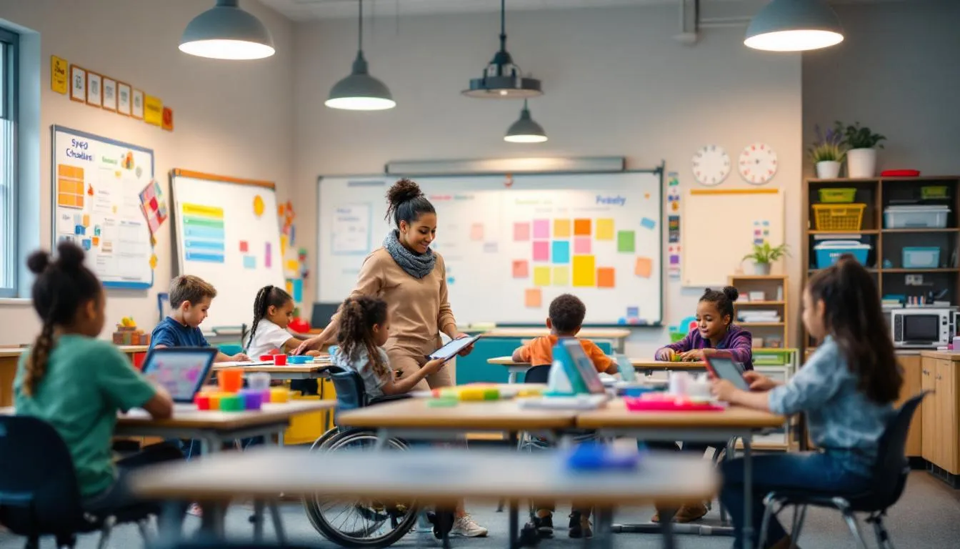 The image shows students with special needs actively participating in learning activities within a modern SPED classroom, equipped with specialized tools and assistive technology to cater to their diverse educational needs. The environment fosters independence and supports individualized education plans, highlighting the inclusive education approach of special education schools in Singapore.