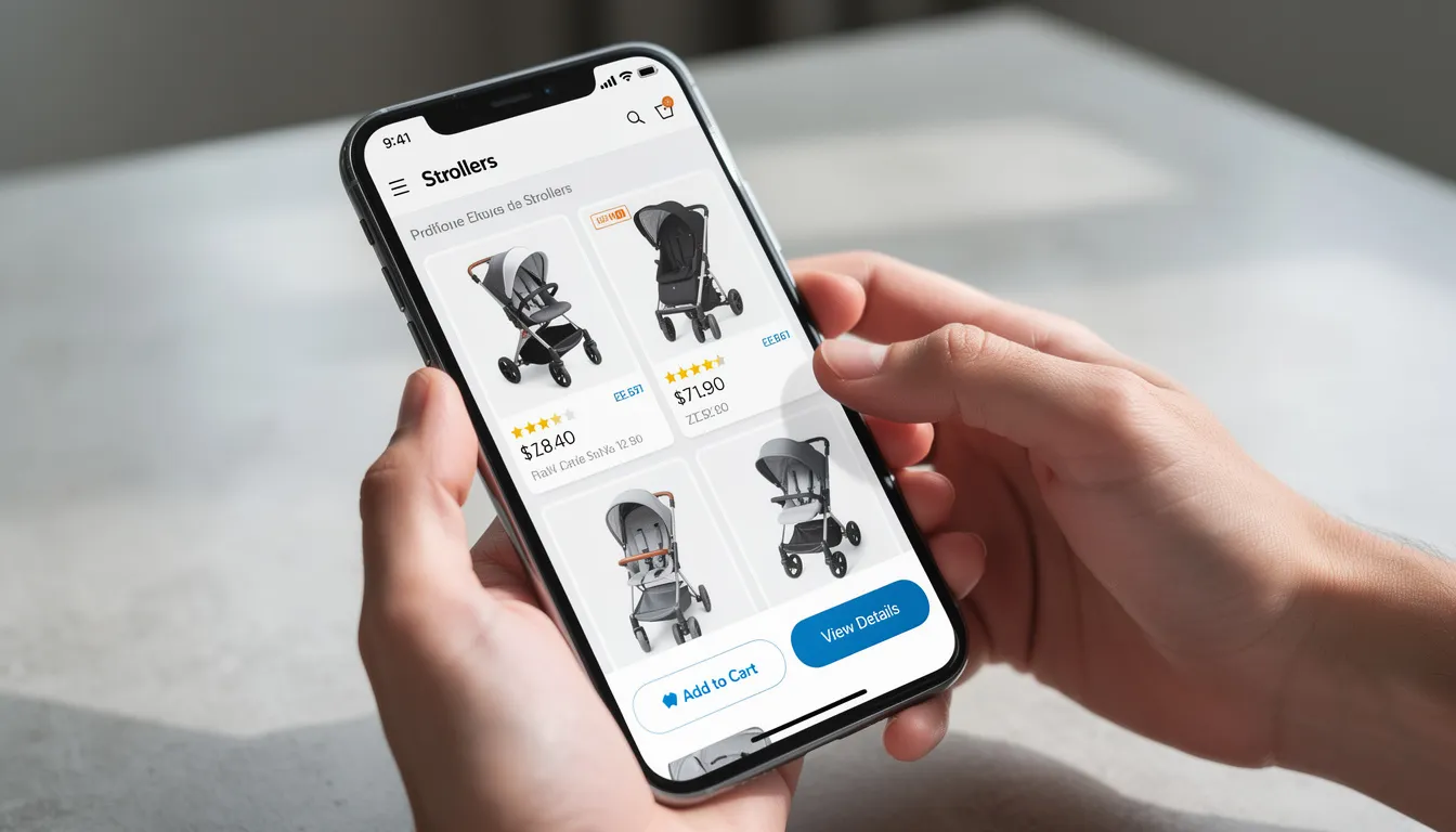 A close-up view of hands using a smartphone to browse stroller options on an e-commerce website, showcasing various brands and features designed for growing families. The image highlights the convenience of shopping for travel-friendly strollers, like the Bugaboo Bee, perfect for navigating city life with infants and little ones.