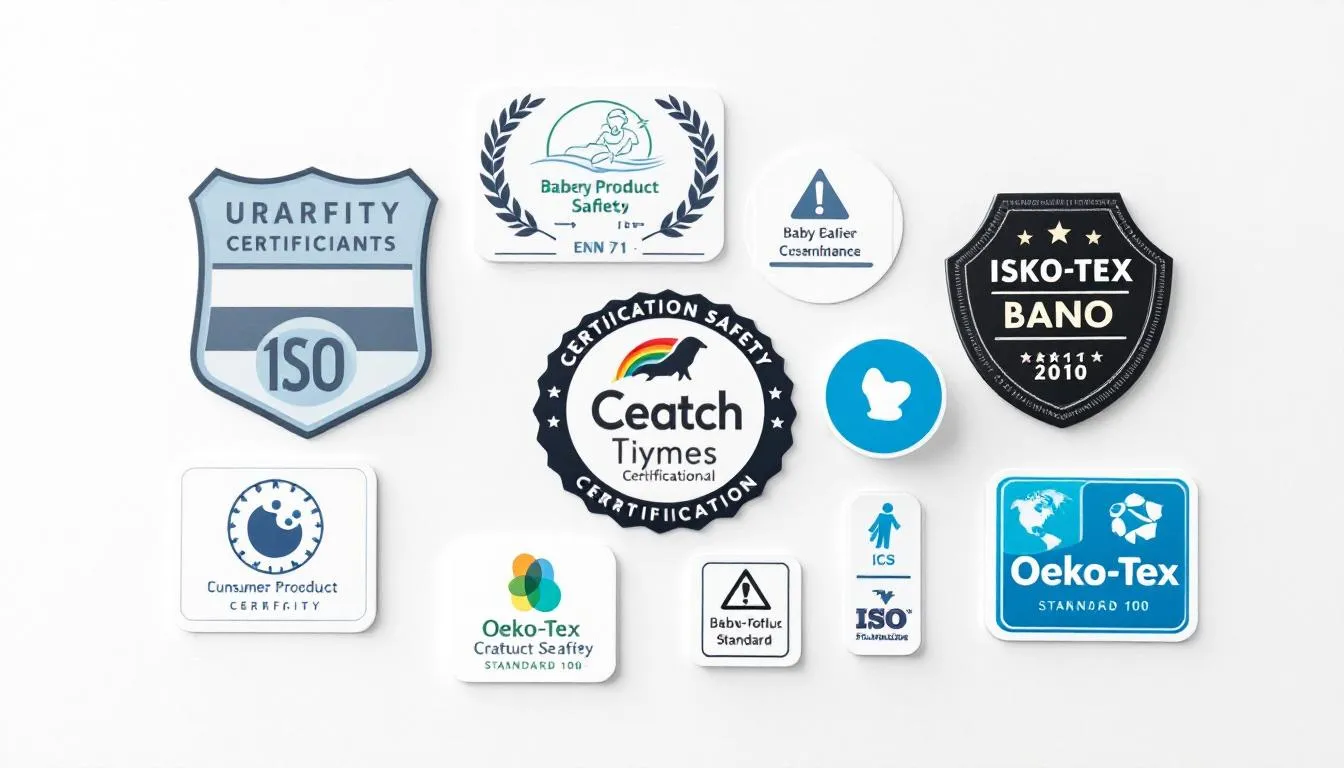 The image displays various international safety certification labels and symbols specifically designed for baby clothing, ensuring quality and comfort for newborns and little ones. These labels highlight the importance of safety in baby essentials, making them suitable for families in Singapore and perfect for gift occasions.