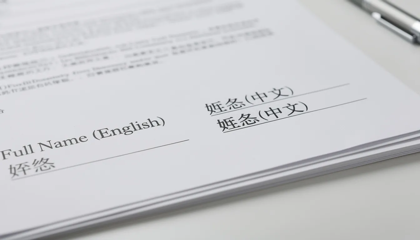 The image features a close-up view of official documents displaying both English and Chinese characters, illustrating bilingual naming options for a child's birth registration. These documents highlight the importance of accurate birth particulars in the birth registration process for newborns in Singapore.
