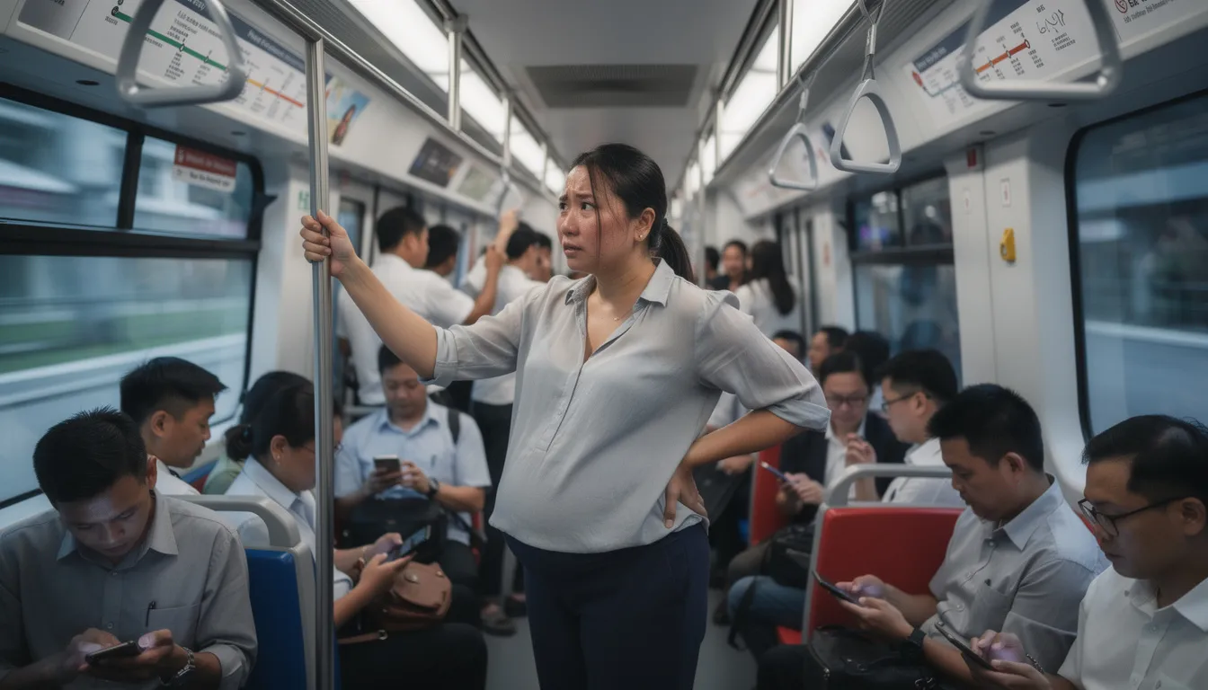 The image depicts a pregnant woman in the Singapore MRT during rush hour, visibly stressed and experiencing emotional ups and downs associated with pregnancy mood swings. Surrounded by a crowded environment, she reflects the heightened emotions and anxiety that can accompany the third trimester of pregnancy.