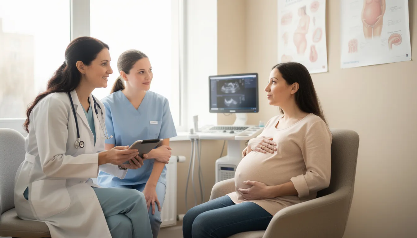 In a consultation room, a healthcare professional discusses mental health with a pregnant woman, addressing important topics such as antenatal depression and the emotional distress that can arise during pregnancy. The scene emphasizes the importance of proper treatment and support for women's mental health during this crucial time.