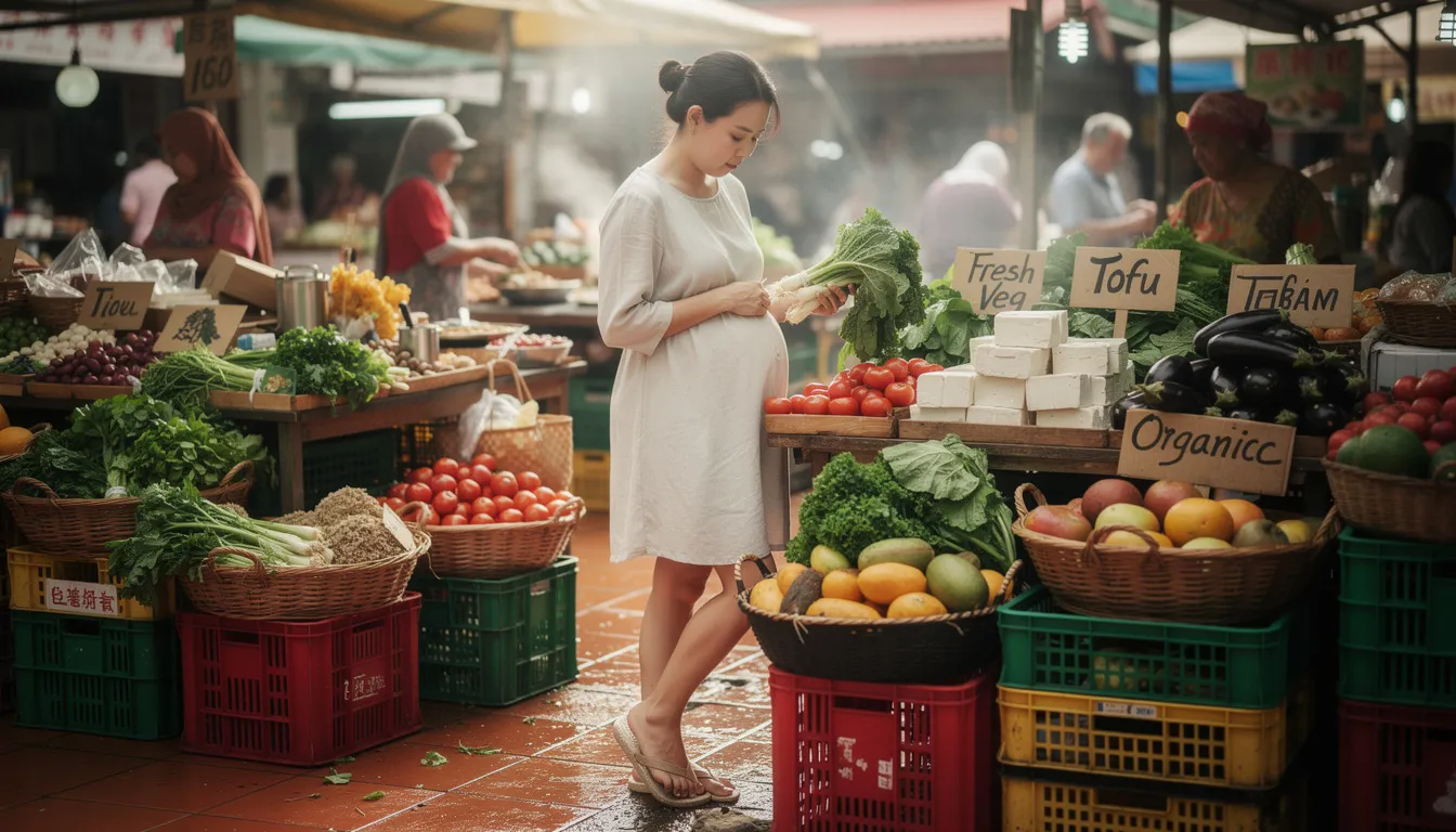 A pregnant woman is browsing through fresh vegetables and plant-based foods at a vibrant wet market in Singapore, emphasizing the importance of a varied and balanced diet during pregnancy. She is selecting nutritious options that support a healthy pregnancy, highlighting the benefits of a well-planned vegan diet rich in essential nutrients.