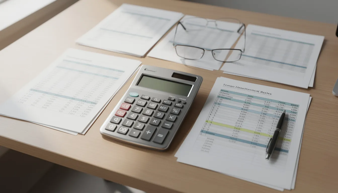 The image depicts a calculator alongside various financial documents spread across a desk, highlighting the importance of managing health insurance plans and medical expenses. This scene reflects the financial planning necessary for ensuring comprehensive coverage and a financial safety net for future healthcare needs.