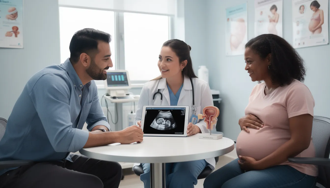 An expectant couple is sitting in a healthcare provider's office, engaged in a discussion about pregnancy care. The provider is explaining how to maintain a healthy pregnancy, including advice on sexual activity and addressing common concerns such as cervical insufficiency and the impact of pregnancy hormones on sex drive.