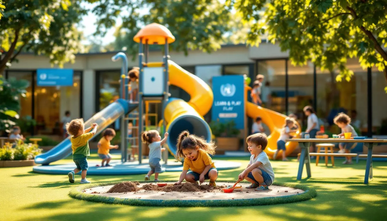 A vibrant scene of children engaging in play on modern playground equipment at an international preschool, showcasing an engaging environment that fosters curiosity and social skills. This outdoor learning space supports early childhood education, encouraging young learners to explore and develop essential skills through purposeful play.