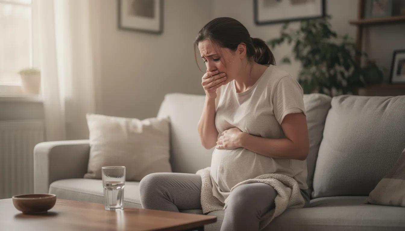 A pregnant woman sits on a couch, gently holding her stomach while displaying signs of severe morning sickness discomfort, indicative of early pregnancy symptoms such as nausea and vomiting. She appears to be experiencing the challenges of pregnancy sickness, which can include severe nausea and the need for frequent meals to relieve her discomfort.